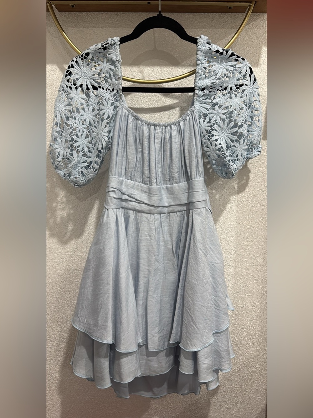 Light Blue Lace Puff Sleeve Tiered Dress